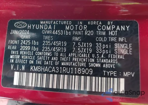 2024 Hyundai Kona N Line z USA, uszkodzony, nr VIN KM8HACA31RU118909